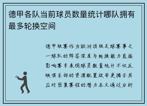 德甲各队当前球员数量统计哪队拥有最多轮换空间